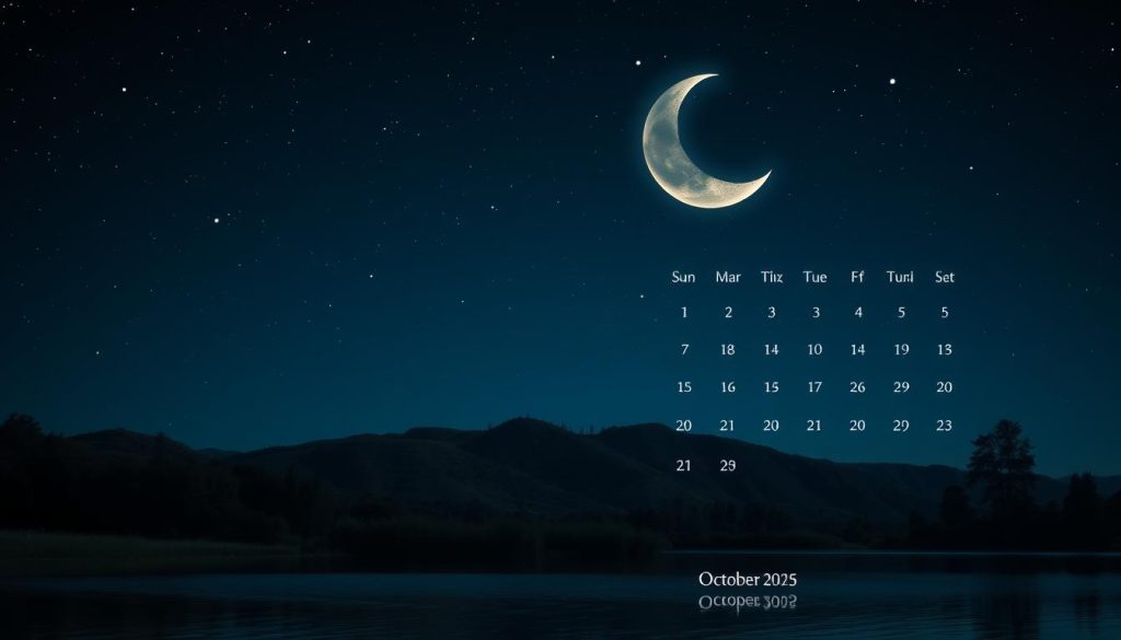 A detailed lunar calendar for October 2025, showcasing the phases of the moon against a serene night sky. The crescent moon hangs gracefully, casting a soft, ethereal glow over the landscape. In the foreground, a tranquil lake reflects the celestial display, creating a sense of balance and harmony. The middle ground features a rolling hillside, dotted with lush vegetation and the occasional silhouette of a tree. The background is a rich, inky blue, peppered with twinkling stars that add depth and dimension to the scene. The overall atmosphere evokes a sense of timeless beauty and natural wonder, perfectly suited to illustrate the lunar calendar and astrological events of October 2025.