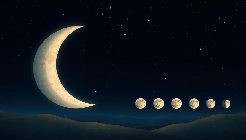 A detailed lunar calendar illustration, depicting the phases of the moon against a dark night sky. The foreground features a crescent moon with intricate lunar surface textures, casting a soft glow over a tranquil landscape. The middle ground showcases a series of smaller moons in various stages, arranged in a visually appealing layout. The background is a deep, indigo-hued sky with twinkling stars, creating a serene and contemplative atmosphere. The composition is balanced and harmonious, with a focus on the natural beauty and cyclical nature of the moon's phases. Lighting is natural and subtle, with highlights and shadows accentuating the depth and dimension of the scene. The overall image evokes a sense of wonder and connection to the lunar calendar. A detailed lunar calendar illustration, depicting the phases of the moon against a dark night sky. The foreground features a crescent moon with intricate lunar surface textures, casting a soft glow over a tranquil landscape. The middle ground showcases a series of smaller moons in various stages, arranged in a visually appealing layout. The background is a deep, indigo-hued sky with twinkling stars, creating a serene and contemplative atmosphere. The composition is balanced and harmonious, with a focus on the natural beauty and cyclical nature of the moon's phases. Lighting is natural and subtle, with highlights and shadows accentuating the depth and dimension of the scene. The overall image evokes a sense of wonder and connection to the lunar calendar.