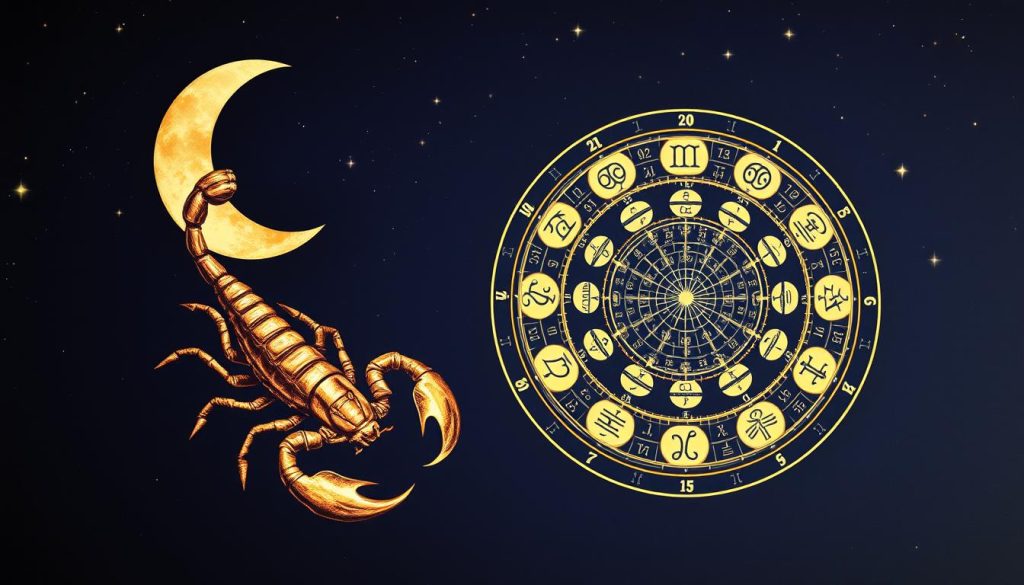A detailed, meticulously crafted lunar calendar illustration showcasing the Scorpio zodiac sign. In the foreground, the Scorpio horoscope symbol, a scorpion, is prominently displayed against a rich indigo night sky. The middle ground features a detailed lunar calendar wheel, its phases and positions precisely mapped out. In the background, a crescent moon casts a warm, ethereal glow, complemented by twinkling stars. The composition is balanced and visually striking, capturing the essence of the Scorpio lunar calendar with a sense of mysticism and elegance.