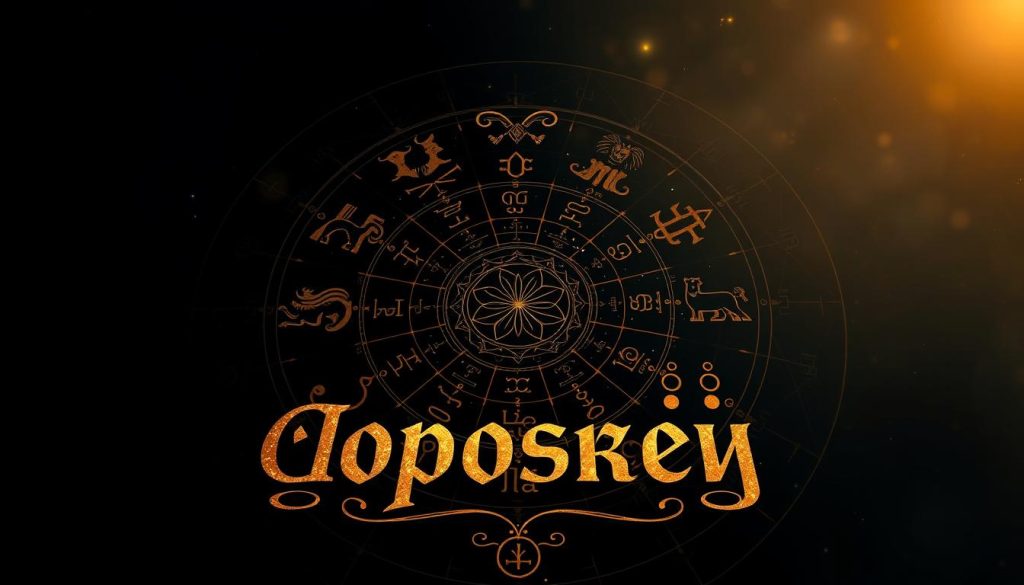 A detailed, mystical astrological chart with zodiac symbols, celestial bodies, and cosmic energy swirls. The chart is displayed on a dark background, illuminated by a soft, warm light from above, creating an atmospheric, introspective mood. The foreground features the central focus, the Cyrillic word "гороскоп" (horoscope) rendered in an elegant, ornate calligraphic style, surrounded by intricate, gold-toned astrological motifs. In the middle ground, various zodiac signs are depicted as symbolic icons, each with its own distinct personality and energy. The background is filled with a nebulous, starry expanse, hinting at the vast, mysterious nature of the cosmos and the unseen forces that govern our lives.