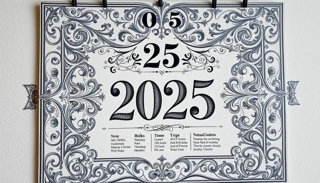 A detailed, ornate calendar with a classic, elegant design, featuring intricate patterns, flourishes, and a neutral color palette of grays, blues, and golds. The calendar displays the date "25 October 2025" prominently, with additional details about the day's historical events, notable births, and astrological information discreetly integrated into the design. The overall aesthetic is one of timeless sophistication, inviting the viewer to explore the rich tapestry of the day's significance.