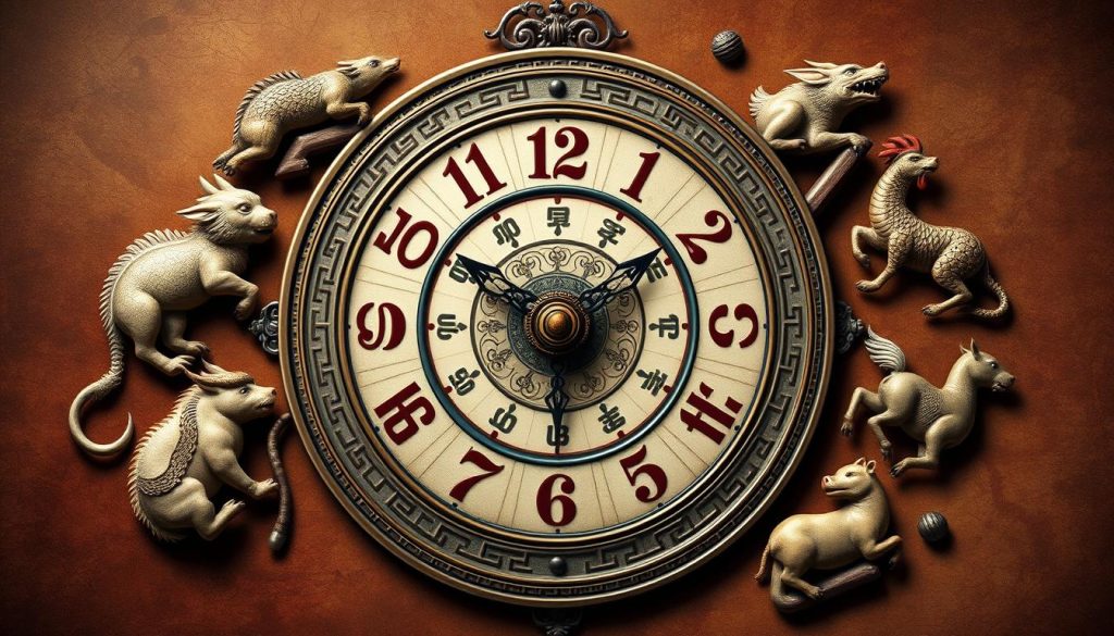 A detailed, ornate illustration of a traditional Chinese zodiac clock, depicting the 12 animal signs that represent the hours of the day. The clock face is crafted with intricate patterns and symbols, set against a rich, textured background evoking ancient Asian aesthetics. The animals - rat, ox, tiger, rabbit, dragon, snake, horse, goat, monkey, rooster, dog, and pig - are rendered with vivid, lifelike details, each embodying the unique characteristics associated with their corresponding birth hour. The composition should convey a sense of timelessness and the profound influence of the Chinese zodiac on one's personality and destiny. A detailed, ornate illustration of a traditional Chinese zodiac clock, depicting the 12 animal signs that represent the hours of the day. The clock face is crafted with intricate patterns and symbols, set against a rich, textured background evoking ancient Asian aesthetics. The animals - rat, ox, tiger, rabbit, dragon, snake, horse, goat, monkey, rooster, dog, and pig - are rendered with vivid, lifelike details, each embodying the unique characteristics associated with their corresponding birth hour. The composition should convey a sense of timelessness and the profound influence of the Chinese zodiac on one's personality and destiny.