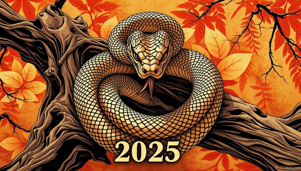 A detailed woodcut-style illustration of the Chinese zodiac symbol "Year of the Snake" for the year 2025. The snake coils gracefully around a gnarled wooden branch, its sinuous body covered in intricate scales. The snake's head emerges from the center, with its piercing gaze and forked tongue. The background is filled with lush, autumnal foliage in shades of gold, orange, and red, evoking the warmth and vitality of the Benmingnian. Soft, diffused lighting casts dramatic shadows, adding depth and dimension to the scene. The overall aesthetic is a harmonious blend of traditional Chinese artistry and natural, organic elements. A detailed woodcut-style illustration of the Chinese zodiac symbol "Year of the Snake" for the year 2025. The snake coils gracefully around a gnarled wooden branch, its sinuous body covered in intricate scales. The snake's head emerges from the center, with its piercing gaze and forked tongue. The background is filled with lush, autumnal foliage in shades of gold, orange, and red, evoking the warmth and vitality of the Benmingnian. Soft, diffused lighting casts dramatic shadows, adding depth and dimension to the scene. The overall aesthetic is a harmonious blend of traditional Chinese artistry and natural, organic elements.