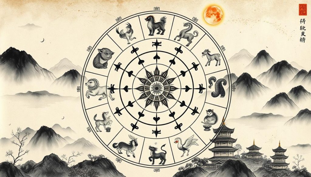 A detailed zodiac wheel illustration in a traditional Chinese ink painting style. The foreground features the 12 zodiac animals arranged in a circular pattern, each rendered with delicate brushstrokes and accents of muted color. The middle ground includes celestial elements like clouds, stars, and moons, creating a mystical atmosphere. The background is a serene landscape with misty mountains and pagodas, conveying a sense of ancient wisdom and harmony. The overall composition is balanced and evocative, inviting the viewer to contemplate the significance of the Chinese zodiac and its influence on one's life and destiny.