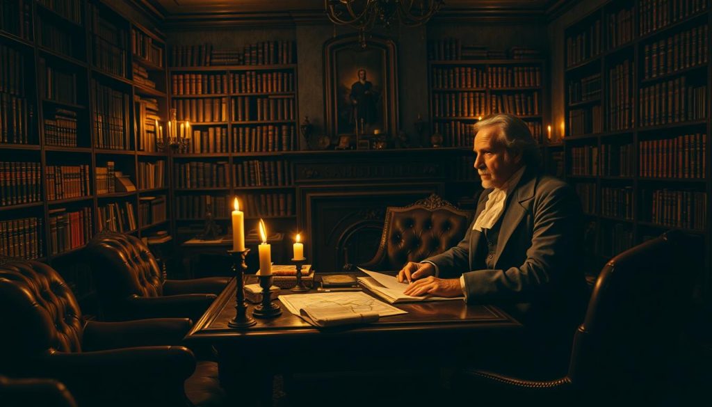 A dimly lit, candlelit study in an old European manor. Shelves of leather-bound books line the walls, casting warm shadows across the richly upholstered furniture. In the center, an ornate writing desk is illuminated by flickering candlelight, surrounded by antique maps, quill pens, and parchment. A historian, dressed in a frock coat and cravat, sits pensively, deep in thought about the events that have shaped this pivotal moment in history. The muted tones and soft lighting evoke a sense of contemplation and scholarly discovery, as the viewer is drawn into the historical context that gave birth to this significant day.