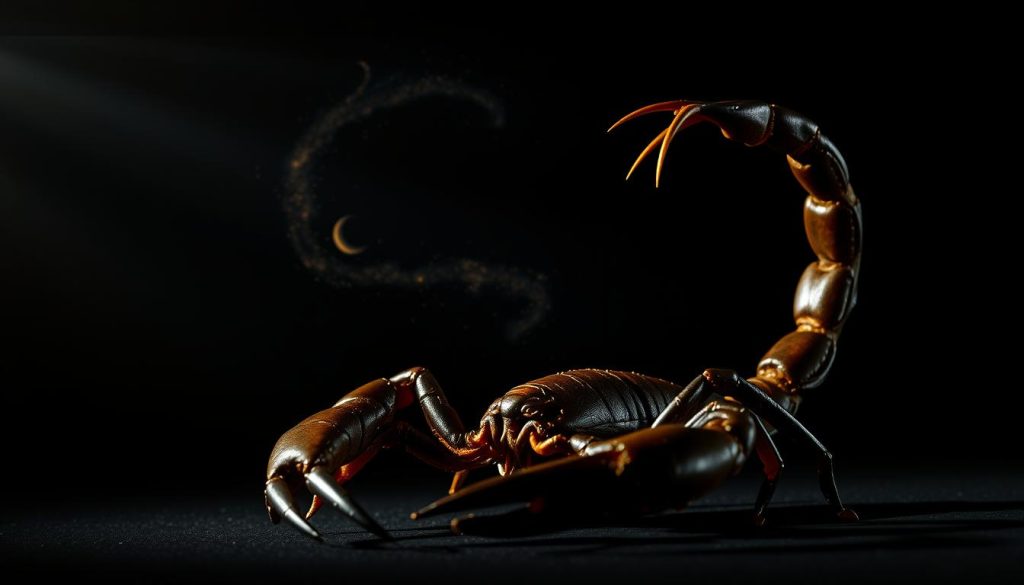 A dramatic and mysterious depiction of the Scorpio zodiac sign. In the foreground, a scorpion with its venomous stinger raised, rendered in striking detail with a glossy exoskeleton. Moody lighting casts long shadows, creating an ominous atmosphere. In the middle ground, swirling celestial elements - glowing stars, cosmic dust, and crescent moons - allude to Scorpio's astrological associations. The background is a deep, inky blackness, emphasizing the sign's nocturnal nature. The overall composition conveys Scorpio's intensity, passion, and air of mystery.