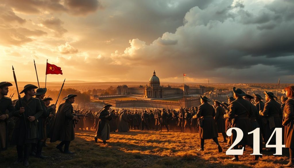 A dramatic historical reenactment of key events on October 14th, captured in a vivid, cinematic style. In the foreground, a group of figures dressed in period costumes engaged in a significant political or military confrontation. The middle ground features an iconic landmark or architectural structure from the era, bathed in warm, golden lighting. In the background, a sweeping landscape with dramatic cloud formations and a moody, atmospheric sky, setting the stage for a momentous day in history. A dramatic historical reenactment of key events on October 14th, captured in a vivid, cinematic style. In the foreground, a group of figures dressed in period costumes engaged in a significant political or military confrontation. The middle ground features an iconic landmark or architectural structure from the era, bathed in warm, golden lighting. In the background, a sweeping landscape with dramatic cloud formations and a moody, atmospheric sky, setting the stage for a momentous day in history.