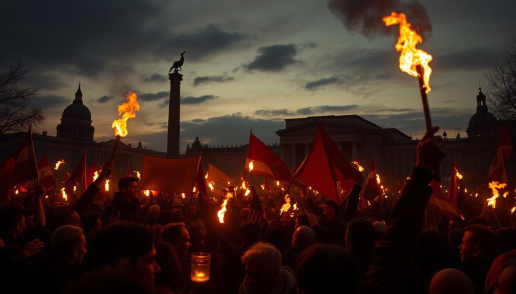 A dramatic scene depicting the events of October, showcasing a powerful uprising with crowds of protesters, waving banners and flags, their faces lit by the glow of torchlight. In the background, the silhouettes of iconic buildings and monuments stand as a testament to the historical significance of the moment. The composition captures the energy, determination, and sense of change in the air, creating a visually captivating and impactful representation of this pivotal historical event. A dramatic scene depicting the events of October, showcasing a powerful uprising with crowds of protesters, waving banners and flags, their faces lit by the glow of torchlight. In the background, the silhouettes of iconic buildings and monuments stand as a testament to the historical significance of the moment. The composition captures the energy, determination, and sense of change in the air, creating a visually captivating and impactful representation of this pivotal historical event.