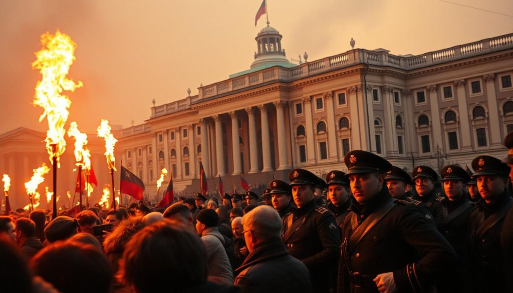 A grand historical scene of the events of October in Russia, captured with cinematic flair. In the foreground, a crowd of revolutionaries gathers, their faces lit by the glow of torches and the fires of unrest. In the middle ground, soldiers in crisp uniforms stand guard, their expressions stern and resolute. In the background, the stately architecture of St. Petersburg looms, its ornate details softened by the hazy autumn light. The composition is balanced, the mood is one of momentous change, captured with a sense of dramatic tension. The image conveys the weight and significance of those historic October days, a pivotal turning point in the nation's history. A grand historical scene of the events of October in Russia, captured with cinematic flair. In the foreground, a crowd of revolutionaries gathers, their faces lit by the glow of torches and the fires of unrest. In the middle ground, soldiers in crisp uniforms stand guard, their expressions stern and resolute. In the background, the stately architecture of St. Petersburg looms, its ornate details softened by the hazy autumn light. The composition is balanced, the mood is one of momentous change, captured with a sense of dramatic tension. The image conveys the weight and significance of those historic October days, a pivotal turning point in the nation's history.
