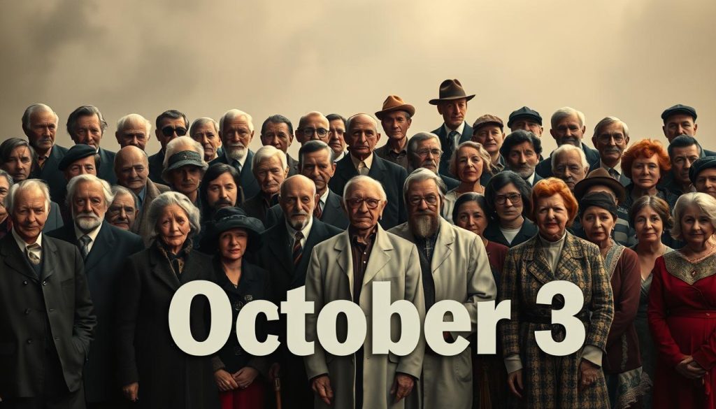 A group portrait of renowned historical figures and cultural icons who were born on October 3, captured in a high-contrast, cinematic style. In the foreground, a diverse ensemble of individuals from various eras and fields - authors, artists, scientists, and athletes - stands united, their expressions reflecting their unique personalities and contributions. In the middle ground, a hazy backdrop evokes the passage of time, while subtle lighting and carefully composed poses imbue the scene with a sense of gravitas and timelessness. The overall atmosphere conveys the lasting impact these "личности" have had on shaping the world's cultural and societal landscape.
