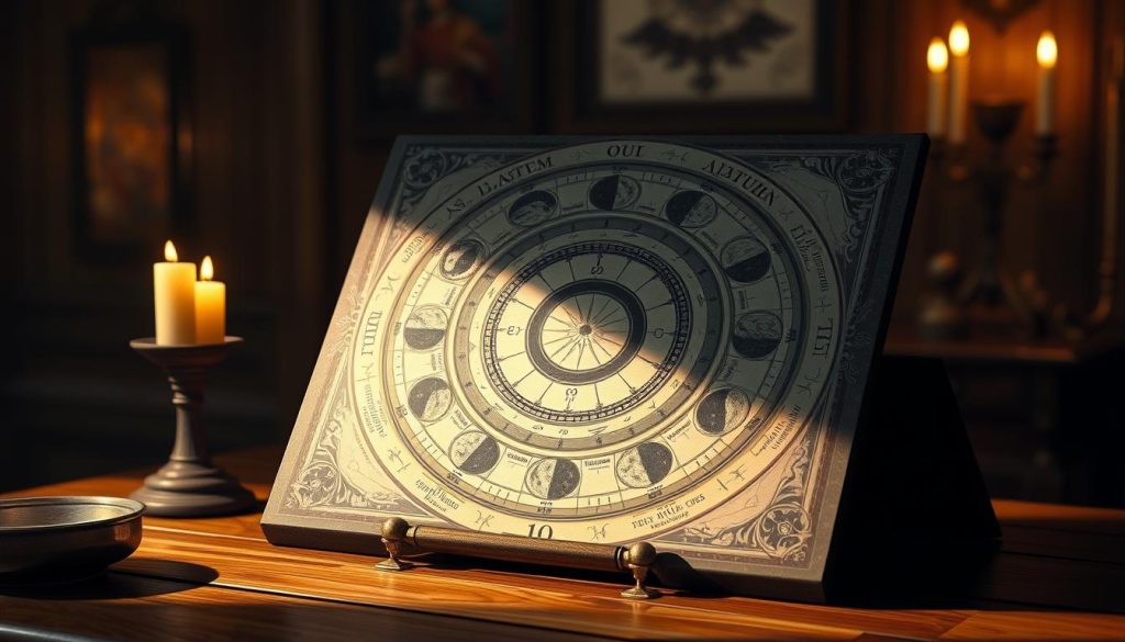 a highly detailed, photorealistic illustration of a lunar calendar displayed on a wooden table, with soft, warm lighting illuminating the scene. The calendar features intricate illustrations of the moon phases, astrological symbols, and Cyrillic text. The background is slightly blurred, creating a sense of depth and focus on the calendar. The overall mood is one of mysticism and tradition, conveying the historical and cultural significance of the lunar calendar. a highly detailed, photorealistic illustration of a lunar calendar displayed on a wooden table, with soft, warm lighting illuminating the scene. The calendar features intricate illustrations of the moon phases, astrological symbols, and Cyrillic text. The background is slightly blurred, creating a sense of depth and focus on the calendar. The overall mood is one of mysticism and tradition, conveying the historical and cultural significance of the lunar calendar.