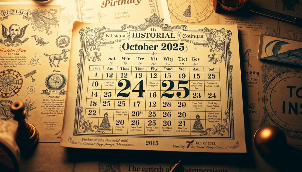 A historical calendar showing the key events, birthdays, and horoscopes for October 24, 2025. Rendered in a vintage, sepia-toned aesthetic with intricate details and antique-style illustrations. Featuring a central timeline or calendar layout with decorative borders, astronomical symbols, and hand-drawn calligraphic elements. The overall composition should convey a sense of reverence and curiosity about the past, with a touch of whimsy and wonder. Lighting should be warm and soft, creating a contemplative, nostalgic mood. The image should feel like a carefully curated display of historical ephemera, inviting the viewer to learn more about this significant date. A historical calendar showing the key events, birthdays, and horoscopes for October 24, 2025. Rendered in a vintage, sepia-toned aesthetic with intricate details and antique-style illustrations. Featuring a central timeline or calendar layout with decorative borders, astronomical symbols, and hand-drawn calligraphic elements. The overall composition should convey a sense of reverence and curiosity about the past, with a touch of whimsy and wonder. Lighting should be warm and soft, creating a contemplative, nostalgic mood. The image should feel like a carefully curated display of historical ephemera, inviting the viewer to learn more about this significant date.