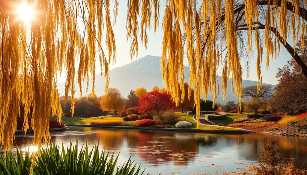 A luminous and serene landscape, illuminated by the warm glow of the autumn sun. In the foreground, a tranquil pond reflects the vibrant hues of the surrounding foliage, creating a sense of balance and harmony. Gently swaying willow trees frame the scene, their delicate branches casting soft shadows across the water's surface. In the middle ground, a path winds through a lush garden, dotted with blooming flowers and thriving plants that symbolize prosperity and good fortune. The background features a majestic mountain range, its peaks capped with a light dusting of snow, evoking a feeling of strength and resilience. The overall composition exudes a serene and auspicious atmosphere, perfectly suited to celebrate the day of the Libra and the year of the Snake. A luminous and serene landscape, illuminated by the warm glow of the autumn sun. In the foreground, a tranquil pond reflects the vibrant hues of the surrounding foliage, creating a sense of balance and harmony. Gently swaying willow trees frame the scene, their delicate branches casting soft shadows across the water's surface. In the middle ground, a path winds through a lush garden, dotted with blooming flowers and thriving plants that symbolize prosperity and good fortune. The background features a majestic mountain range, its peaks capped with a light dusting of snow, evoking a feeling of strength and resilience. The overall composition exudes a serene and auspicious atmosphere, perfectly suited to celebrate the day of the Libra and the year of the Snake.
