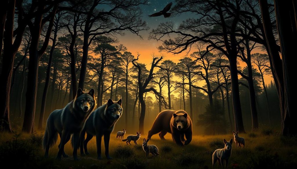 A lush, primeval forest at dusk, with ancient trees reaching towards a starry sky. In the foreground, a pack of majestic wolves stands alert, their eyes gleaming with an otherworldly intelligence. Silhouetted against the fading light, their muscular bodies exude a sense of primal power and connection to the natural world. In the middle ground, a large bear lumbers through the undergrowth, its fur glistening with dewdrops. Smaller creatures - foxes, owls, and rabbits - dart between the trees, creating a tapestry of Slavic and Druidic totemic symbolism. The scene is bathed in a warm, golden glow, evoking a timeless, mystical atmosphere.