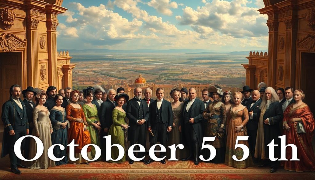 A magnificent scene of renowned figures born on October 5th, depicted in a grand, oil painting-inspired style. In the foreground, a cluster of elegant, historical personages stand proudly, their distinguished features and regal attire captured in vivid detail. The middle ground reveals a backdrop of ornate architecture, rich textures, and a warm, golden lighting that casts a sense of timeless grandeur. In the distance, a panoramic landscape unfolds, hinting at the far-reaching impact and legacies of these celebrated individuals. The overall composition conveys a harmonious blend of portraiture, architecture, and environment, seamlessly embodying the essence of this significant day in history.