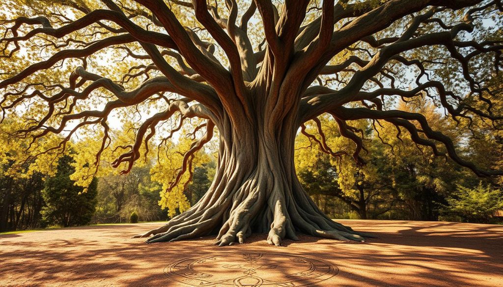 A majestic tree of fortune, its branches reaching skyward in a timeless dance. The intricate, spiraling bark intertwines with delicate leaves that shimmer in the warm, golden light. At the base, a mosaic of ancient Slavic and Druidic symbols is etched into the earth, radiating an aura of mysticism and prosperity. Dappled shadows cast by the tree's canopy create a serene, contemplative atmosphere, inviting the viewer to pause and connect with the timeless wisdom of the natural world. Composition is balanced, with the tree centered and filling the frame, highlighting its imposing presence and symbolic significance. A majestic tree of fortune, its branches reaching skyward in a timeless dance. The intricate, spiraling bark intertwines with delicate leaves that shimmer in the warm, golden light. At the base, a mosaic of ancient Slavic and Druidic symbols is etched into the earth, radiating an aura of mysticism and prosperity. Dappled shadows cast by the tree's canopy create a serene, contemplative atmosphere, inviting the viewer to pause and connect with the timeless wisdom of the natural world. Composition is balanced, with the tree centered and filling the frame, highlighting its imposing presence and symbolic significance.