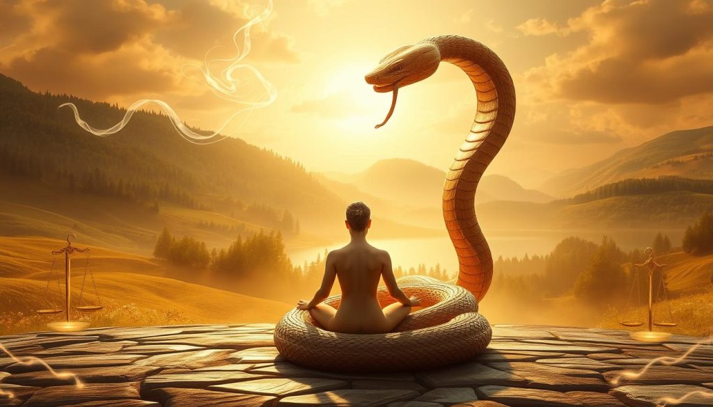 A mystical, harmonious scene depicting the astrological compatibility between Libra and the Wooden Snake. In the foreground, an elegant Libra figure sits cross-legged, emanating balance and grace. Surrounding them, ethereal wisps of energy intertwine, representing the synergistic connection between the air and wood elements. In the middle ground, a giant coiled snake, carved from gleaming wood, gazes benevolently upon the Libra, its flowing movements mirroring the gentle sway of the figure. In the background, a tranquil landscape of rolling hills, lush forests, and a serene lake, bathed in warm, golden light, creates an atmosphere of tranquility and inner peace. The overall mood is one of profound understanding, mutual respect, and a sense of timeless, cosmic harmony. A mystical, harmonious scene depicting the astrological compatibility between Libra and the Wooden Snake. In the foreground, an elegant Libra figure sits cross-legged, emanating balance and grace. Surrounding them, ethereal wisps of energy intertwine, representing the synergistic connection between the air and wood elements. In the middle ground, a giant coiled snake, carved from gleaming wood, gazes benevolently upon the Libra, its flowing movements mirroring the gentle sway of the figure. In the background, a tranquil landscape of rolling hills, lush forests, and a serene lake, bathed in warm, golden light, creates an atmosphere of tranquility and inner peace. The overall mood is one of profound understanding, mutual respect, and a sense of timeless, cosmic harmony.
