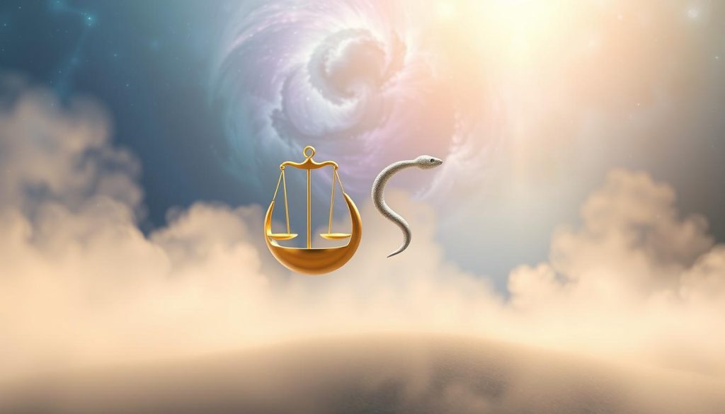 A pair of intertwined Yin-Yang symbols, one in gold and the other in silver, floating in a serene, misty landscape. The symbols gracefully interlock, symbolizing the harmony and balance between the Libra (Весы) and the Wood Snake (Деревянная Змея) zodiac signs. Soft, diffused lighting casts a warm, ethereal glow, creating a sense of tranquility and cosmic connection. The background is a swirling, abstract nebula of blues, purples, and greens, evoking the timeless nature of astrological compatibility. The overall composition conveys the deep, soulful compatibility between these two signs, their energies intertwined in a dance of equilibrium.