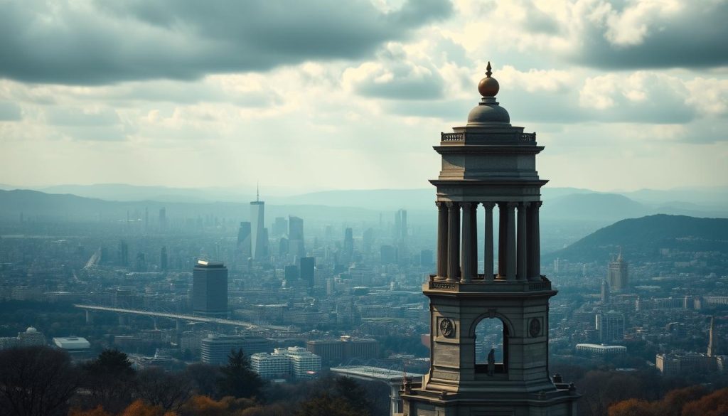 A panoramic view of key historical events across different eras, captured in a dramatic and cinematic style. In the foreground, a towering monument stands as a testament to a pivotal moment in time, its intricate details illuminated by dramatic lighting. In the middle ground, a bustling city skyline with iconic landmarks serves as the backdrop, while in the distance, a sweeping landscape unfolds, hinting at the vast expanse of human civilization. The overall scene conveys a sense of timelessness, with a blend of classic and modern elements that evoke the timeless nature of history. The image is rendered with a high level of photorealism and attention to visual storytelling, inviting the viewer to immerse themselves in the tapestry of key events that have shaped the human experience.