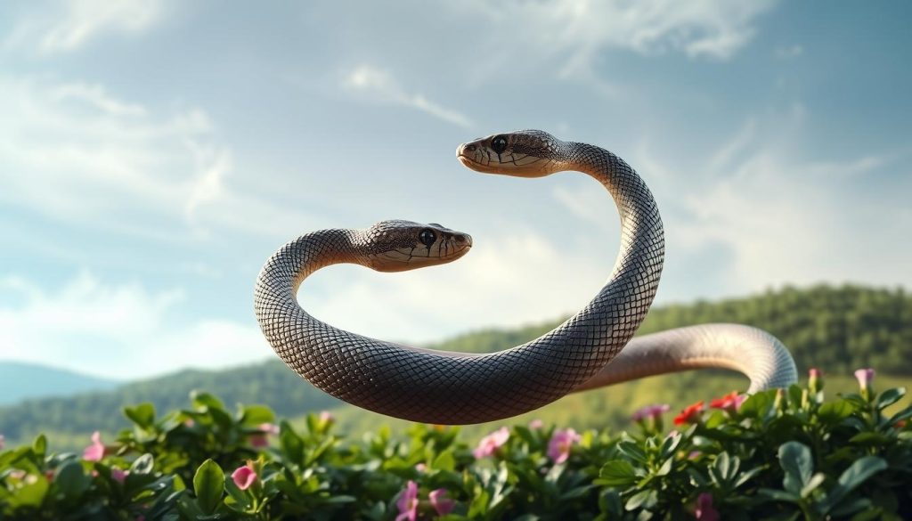A serene and harmonious composition depicting the compatibility of the Snake zodiac sign. The foreground showcases the graceful, intertwined forms of two snakes, their scales shimmering with an iridescent sheen. The middle ground features a lush, verdant landscape with flourishing flora, hinting at the natural balance and synergy associated with this sign. The background is a dreamy, ethereal sky with wispy clouds, creating a calming and contemplative atmosphere. The lighting is soft and diffused, evoking a sense of tranquility and inner reflection. The overall visual evokes the essence of compatibility - the ability to coexist, cooperate, and find harmony in relationships.