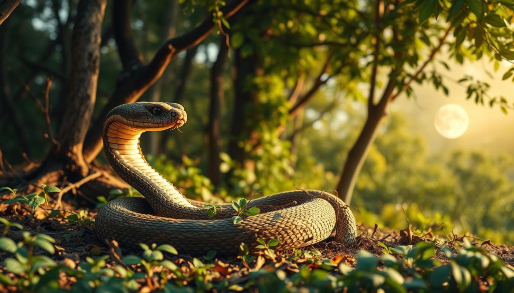 A serene and harmonious scene depicting the Year of the Wood Snake in 2025. A coiled serpent made of natural materials - wood, leaves, and vines - rests peacefully amidst a lush forest. Dappled sunlight filters through the canopy, casting warm, golden tones across the scene. In the background, a full moon casts a soft, ethereal glow, symbolizing the lunar influence of the year. The overall atmosphere is one of tranquility, growth, and renewal, embodying the essence of this auspicious zodiac year. A serene and harmonious scene depicting the Year of the Wood Snake in 2025. A coiled serpent made of natural materials - wood, leaves, and vines - rests peacefully amidst a lush forest. Dappled sunlight filters through the canopy, casting warm, golden tones across the scene. In the background, a full moon casts a soft, ethereal glow, symbolizing the lunar influence of the year. The overall atmosphere is one of tranquility, growth, and renewal, embodying the essence of this auspicious zodiac year.