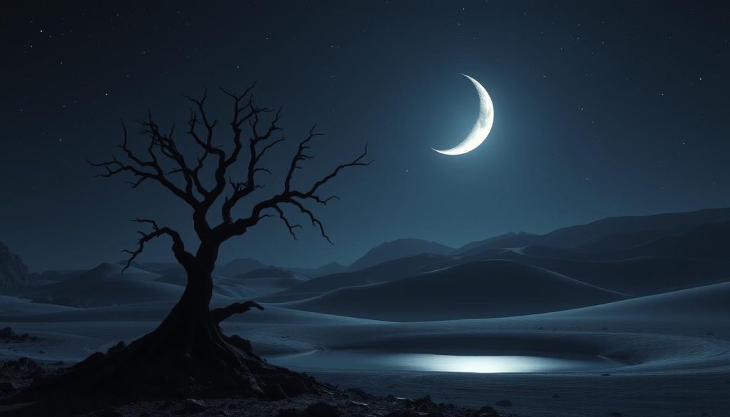 A serene and mystical lunar landscape, bathed in the ethereal glow of a waxing crescent moon in the sign of Scorpio. The moonlight casts a soft, otherworldly illumination across the undulating terrain, accentuating the dramatic shadows and textures of the rocky outcrops and lunar dunes. In the foreground, a solitary, ancient-looking tree stands in contemplative silhouette, its gnarled branches reaching skyward. The middle ground features a tranquil pool of still water, reflecting the moon's luminous presence. The background is a rich, indigo sky, peppered with twinkling stars that seem to whisper of cosmic mysteries. An atmosphere of quiet contemplation and mystical wonder pervades the scene, inviting the viewer to pause and connect with the cyclical rhythms of the lunar cycle. A serene and mystical lunar landscape, bathed in the ethereal glow of a waxing crescent moon in the sign of Scorpio. The moonlight casts a soft, otherworldly illumination across the undulating terrain, accentuating the dramatic shadows and textures of the rocky outcrops and lunar dunes. In the foreground, a solitary, ancient-looking tree stands in contemplative silhouette, its gnarled branches reaching skyward. The middle ground features a tranquil pool of still water, reflecting the moon's luminous presence. The background is a rich, indigo sky, peppered with twinkling stars that seem to whisper of cosmic mysteries. An atmosphere of quiet contemplation and mystical wonder pervades the scene, inviting the viewer to pause and connect with the cyclical rhythms of the lunar cycle.