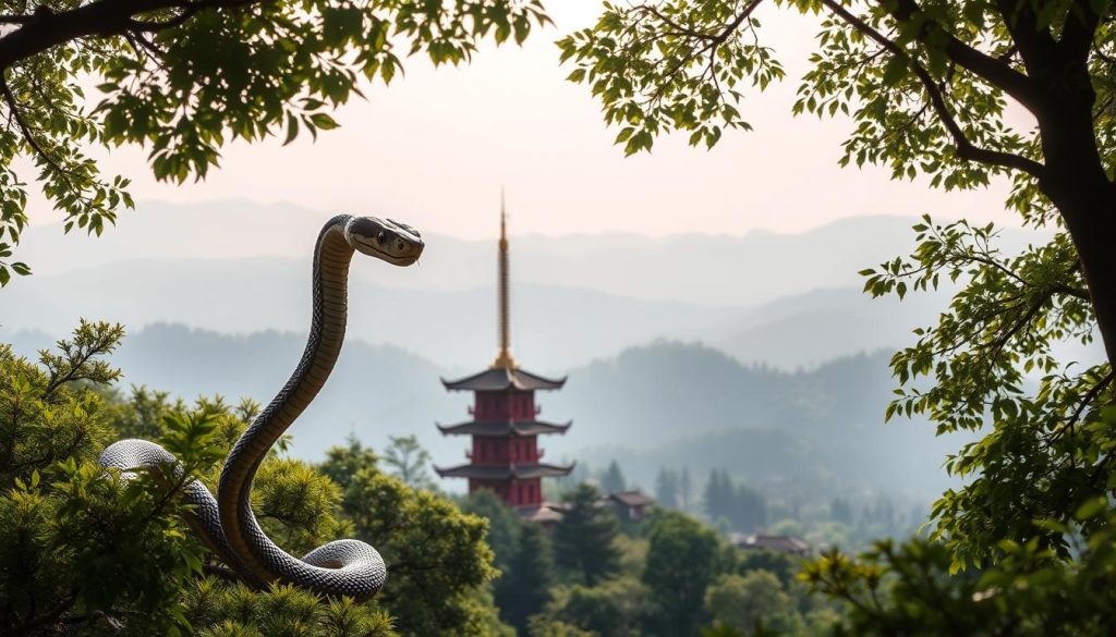A serene and mystical scene depicting the Chinese Year of the Wooden Snake. In the foreground, a coiled snake gracefully winds its way through a lush, verdant forest canopy, its scales glistening in the soft, diffused light filtering through the branches. In the middle ground, a towering pagoda rises majestically, its elegant architecture and crimson hues creating a striking contrast against the natural backdrop. The background is filled with rolling hills and a distant, hazy horizon, conveying a sense of timeless tranquility. The overall composition evokes a harmonious balance between nature and culture, capturing the essence of the Chinese zodiac's serpentine symbol. A serene and mystical scene depicting the Chinese Year of the Wooden Snake. In the foreground, a coiled snake gracefully winds its way through a lush, verdant forest canopy, its scales glistening in the soft, diffused light filtering through the branches. In the middle ground, a towering pagoda rises majestically, its elegant architecture and crimson hues creating a striking contrast against the natural backdrop. The background is filled with rolling hills and a distant, hazy horizon, conveying a sense of timeless tranquility. The overall composition evokes a harmonious balance between nature and culture, capturing the essence of the Chinese zodiac's serpentine symbol.