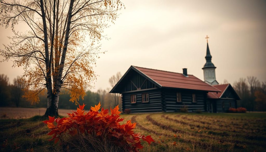 A serene autumn landscape in the Russian countryside, with a lone birch tree standing tall against a soft, overcast sky. The scene is bathed in a warm, golden light, casting a cozy, nostalgic atmosphere. In the foreground, a cluster of vibrant red and orange leaves litter the ground, symbolizing the arrival of the harvest season. The middle ground features a traditional wooden house, its roof and walls adorned with intricate patterns, hinting at the rich cultural heritage of the region. In the background, a distant church steeple pierces the horizon, its onion-shaped dome reflecting the Russian architectural style. The overall composition evokes a sense of timelessness and the cyclical nature of the seasons, perfectly capturing the essence of "октября" and the day's historical significance. A serene autumn landscape in the Russian countryside, with a lone birch tree standing tall against a soft, overcast sky. The scene is bathed in a warm, golden light, casting a cozy, nostalgic atmosphere. In the foreground, a cluster of vibrant red and orange leaves litter the ground, symbolizing the arrival of the harvest season. The middle ground features a traditional wooden house, its roof and walls adorned with intricate patterns, hinting at the rich cultural heritage of the region. In the background, a distant church steeple pierces the horizon, its onion-shaped dome reflecting the Russian architectural style. The overall composition evokes a sense of timelessness and the cyclical nature of the seasons, perfectly capturing the essence of "октября" and the day's historical significance.