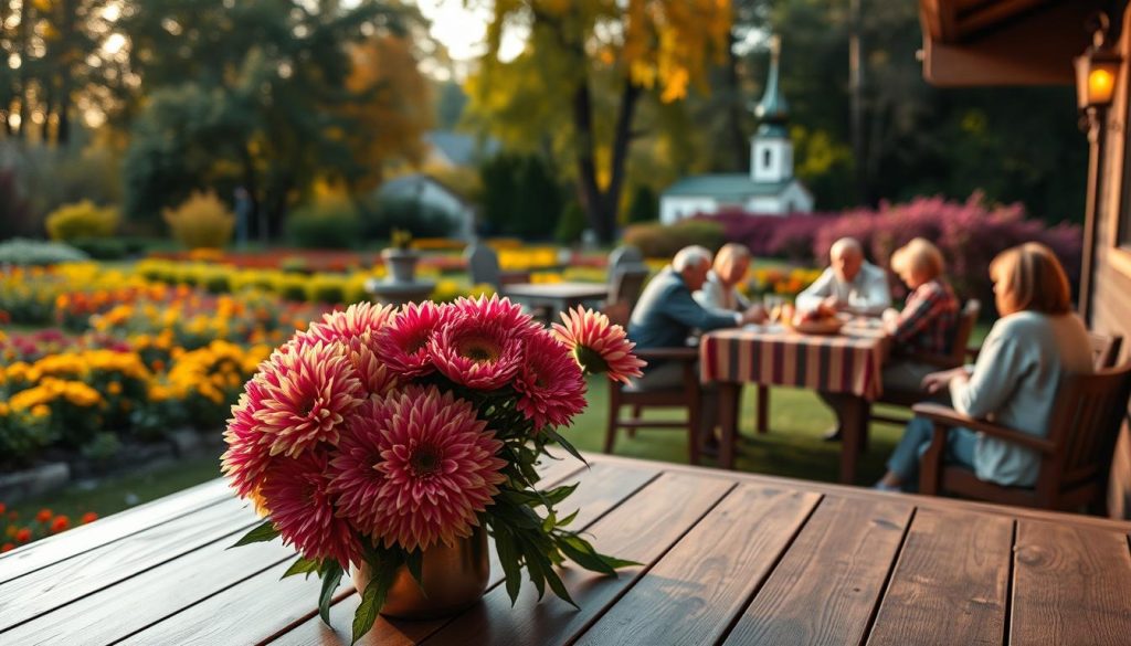 A serene autumn scene, the first light of morning casting a warm glow over a traditional Russian estate. In the foreground, a bouquet of vibrant chrysanthemums sits on a wooden table, signifying the "Именины Октября" or name-day celebrations. The middle ground features a group of friends and family gathered around the table, enjoying a festive meal and exchanging well-wishes. In the background, a lush, colorful garden provides a tranquil backdrop, with a Russian orthodox church steeple peeking through the trees. The scene is imbued with a sense of tradition, community, and the natural beauty of the changing seasons.