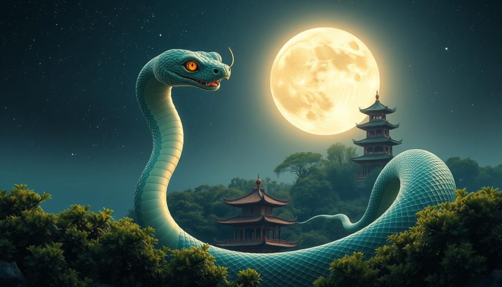 A serene celestial landscape with a striking celestial serpent in the foreground. The serpent, rendered in a harmonious blend of emerald, jade and gold hues, coils gracefully against a starry night sky, its eyes shimmering with an otherworldly wisdom. In the background, a radiant full moon casts a soft glow, illuminating a tranquil pagoda nestled amidst lush, verdant foliage. The overall scene exudes a sense of mysticism and auspiciousness, capturing the essence of the Benmingnian year for those born under the Snake zodiac. A serene celestial landscape with a striking celestial serpent in the foreground. The serpent, rendered in a harmonious blend of emerald, jade and gold hues, coils gracefully against a starry night sky, its eyes shimmering with an otherworldly wisdom. In the background, a radiant full moon casts a soft glow, illuminating a tranquil pagoda nestled amidst lush, verdant foliage. The overall scene exudes a sense of mysticism and auspiciousness, capturing the essence of the Benmingnian year for those born under the Snake zodiac.