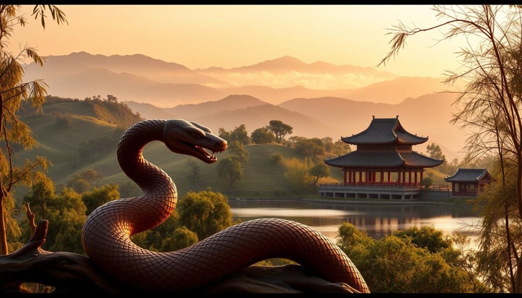 A serene Chinese landscape of rolling hills, lush bamboo groves, and a tranquil lake. In the foreground, a wooden carving of a snake coils gracefully, its scales reflecting the warm hues of the setting sun. The middle ground features a traditional Chinese pavilion, its curved rooftops and intricate architectural details capturing the essence of the Year of the Wooden Snake. In the background, a hazy mountain range rises, shrouded in a soft mist that creates a sense of mysticism and timelessness. The scene is bathed in a warm, golden light, lending a sense of harmony and balance to the overall composition.