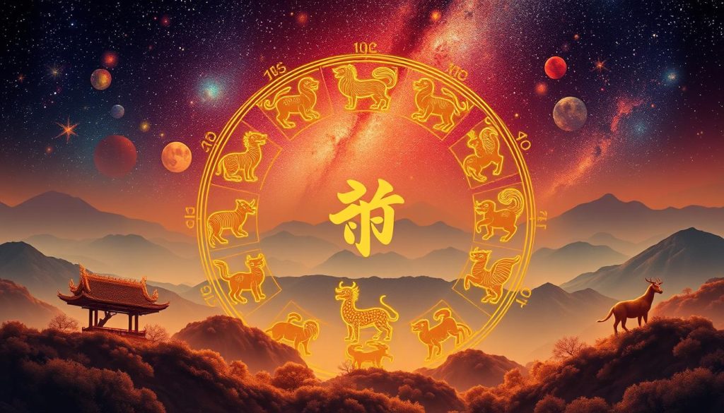 A serene Chinese landscape with a vibrant celestial background. In the foreground, depict the 12 animals of the Chinese zodiac arranged in a circular formation, each one distinct and meticulously detailed. The animals should be rendered with a harmonious, traditional artistic style, conveying a sense of ancient wisdom and cultural significance. Use a warm, golden lighting to create a timeless, mystical atmosphere. Incorporate subtle patterns and symbols associated with Chinese astrology to enhance the overall thematic elements. The composition should be balanced and visually captivating, inviting the viewer to explore the intricacies of the Chinese zodiac. A serene Chinese landscape with a vibrant celestial background. In the foreground, depict the 12 animals of the Chinese zodiac arranged in a circular formation, each one distinct and meticulously detailed. The animals should be rendered with a harmonious, traditional artistic style, conveying a sense of ancient wisdom and cultural significance. Use a warm, golden lighting to create a timeless, mystical atmosphere. Incorporate subtle patterns and symbols associated with Chinese astrology to enhance the overall thematic elements. The composition should be balanced and visually captivating, inviting the viewer to explore the intricacies of the Chinese zodiac.