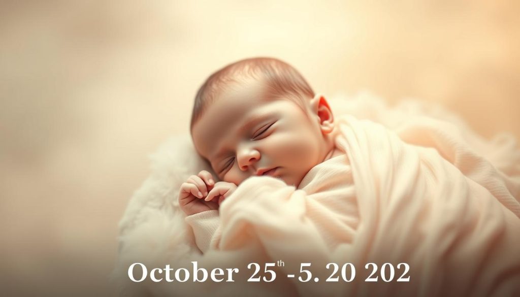 A serene, ethereal portrait of a newborn baby, their delicate features illuminated by a warm, diffused light. The child rests peacefully, swaddled in soft, cloud-like fabrics, their tiny hands curled in a peaceful slumber. The background is a hazy, dreamlike realm, with muted pastel tones and a sense of timelessness that evokes the wonder and innocence of a new life. The composition is balanced and harmonious, drawing the viewer's gaze to the tranquil, angelic expression of the infant, capturing the essence of a life just beginning on this day, October 25th, 2025.