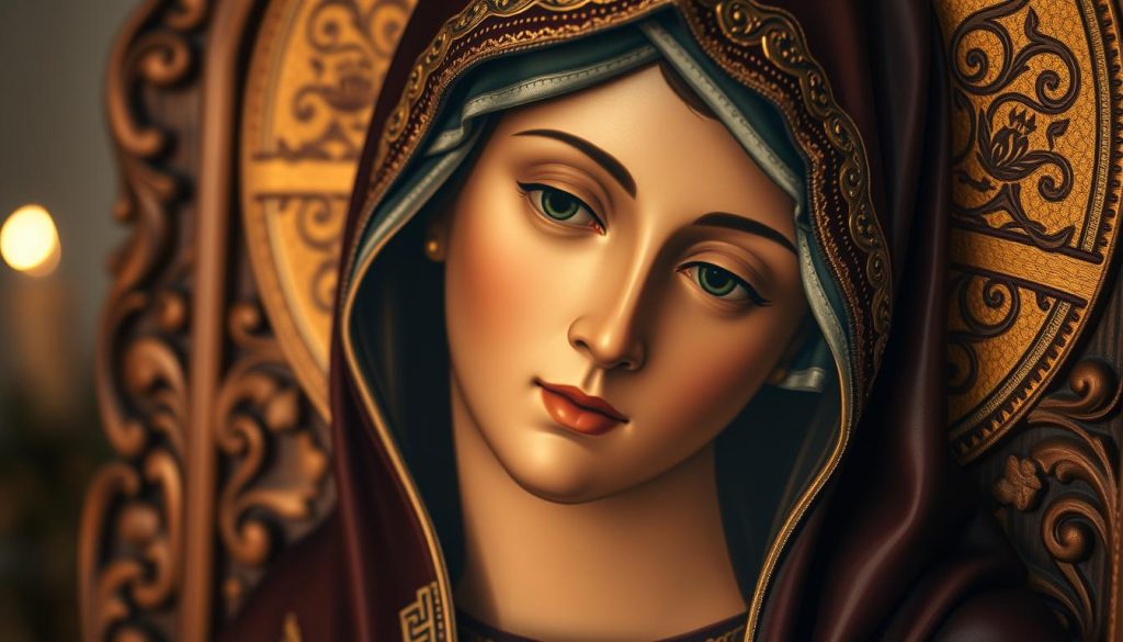 A serene, highly detailed portrait of the Pochaev Mother of God, an iconic Eastern Orthodox icon. In the foreground, the Virgin Mary's face is rendered with reverent precision, her gaze soft and compassionate. Soft, warm lighting illuminates the delicate features and intricate gold-leaf details of her ornate robes. In the middle ground, the icon's carved wooden frame is visible, its intricate patterns and textures captured with exquisite clarity. The background is subtly blurred, placing the focus on the sacred image. The overall composition conveys a sense of tranquility, devotion, and timeless spiritual significance, befitting the patronage and blessings associated with this revered icon.
