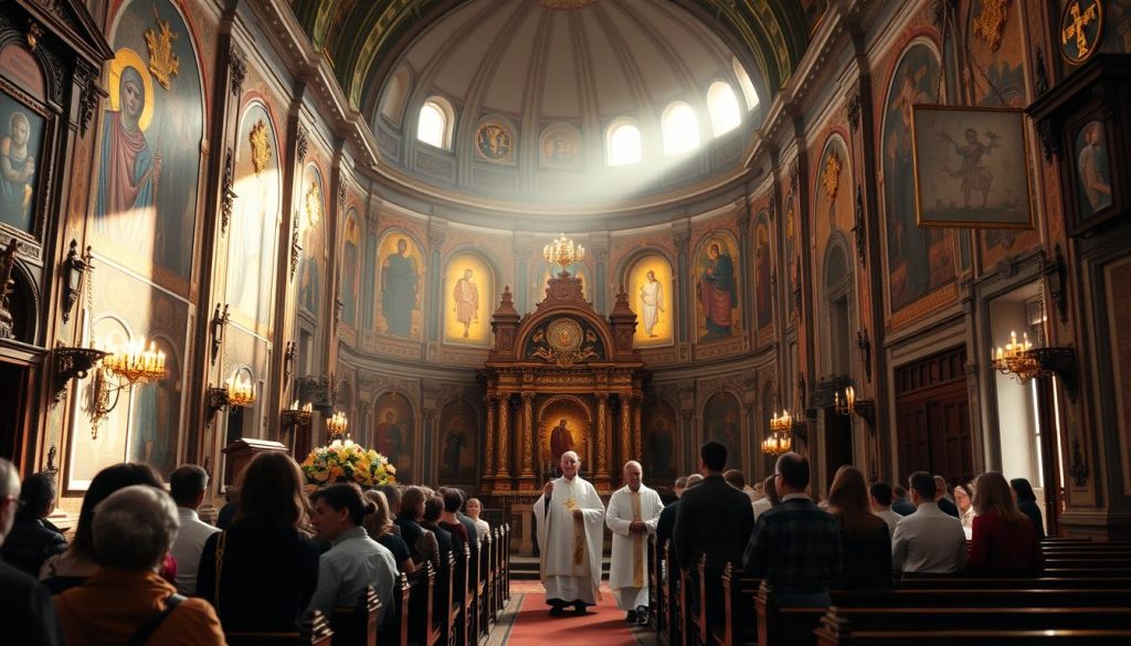 A serene, ornate church interior bathed in warm, diffused light. Intricate religious iconography and gilded Orthodox crosses adorn the walls, casting a reverent atmosphere. In the foreground, a group of worshippers gather before an ornate iconostasis, venerating the patron saints and celebrating their name days, or "imeniny". In the middle ground, a priest leads a procession, carrying sacred relics and vestments. The background features rows of wooden pews and the domed ceiling, creating a sense of grandeur and spiritual contemplation. A serene, ornate church interior bathed in warm, diffused light. Intricate religious iconography and gilded Orthodox crosses adorn the walls, casting a reverent atmosphere. In the foreground, a group of worshippers gather before an ornate iconostasis, venerating the patron saints and celebrating their name days, or "imeniny". In the middle ground, a priest leads a procession, carrying sacred relics and vestments. The background features rows of wooden pews and the domed ceiling, creating a sense of grandeur and spiritual contemplation.
