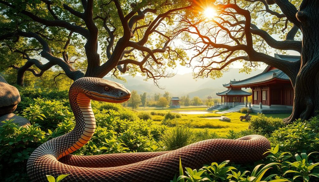 A serene, vibrant scene depicting the Year of the Wooden Snake in 2025. In the foreground, a majestic, coiling snake with intricate wooden textures winds its way through a lush, verdant landscape. Dappled sunlight filters through the canopy of ancient, gnarled trees in the middle ground, casting a warm, golden glow. In the background, a traditional Chinese pavilion nestled among rolling hills, with a tranquil pond reflecting the natural beauty. The overall atmosphere is one of harmony, balance, and a reverence for the natural world. A serene, vibrant scene depicting the Year of the Wooden Snake in 2025. In the foreground, a majestic, coiling snake with intricate wooden textures winds its way through a lush, verdant landscape. Dappled sunlight filters through the canopy of ancient, gnarled trees in the middle ground, casting a warm, golden glow. In the background, a traditional Chinese pavilion nestled among rolling hills, with a tranquil pond reflecting the natural beauty. The overall atmosphere is one of harmony, balance, and a reverence for the natural world.