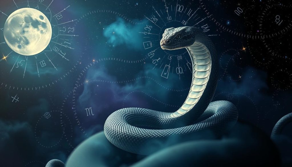 A serpentine figure coiled amidst a mystical, starry night sky. Translucent scales glimmer in the soft moonlight, hinting at the snake's ancient wisdom and power. In the foreground, a swirling pattern of celestial symbols and zodiac signs dance around the serpent, creating an esoteric, astrological atmosphere. The middle ground features a rich, jewel-toned palette of deep blues, purples, and greens, evoking the depths of the cosmos. The background is a nebulous expanse of shimmering stars and galaxies, suggesting the vastness of the universe and the snake's connection to the mysteries of the celestial realm. Dramatic chiaroscuro lighting casts dramatic shadows, heightening the sense of mystique and intrigue. An ethereal, otherworldly scene that captures the essence of the Serpent zodiac sign.