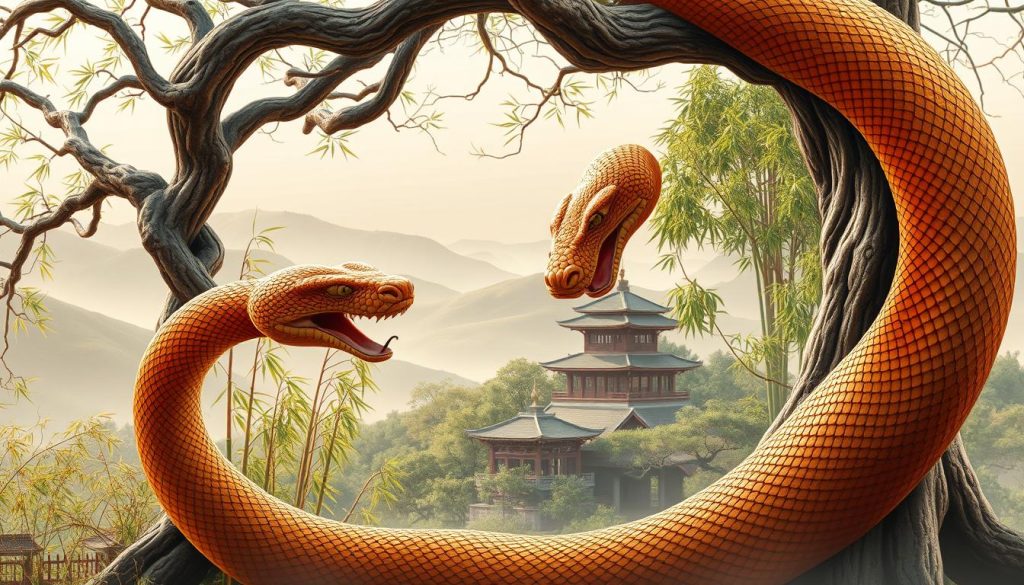 A stunning, hyper-realistic illustration of the Chinese Zodiac Year of the Wooden Snake, 2025. In the foreground, a majestic serpent twists and coils, its scales glistening with a warm, earthy hue. The snake's body seamlessly transitions into the trunk and branches of an ancient, gnarly tree, symbolizing the harmony between nature and the zodiac. In the middle ground, a serene bamboo grove sways gently, bathed in soft, diffuse lighting. The background features a tranquil, mist-shrouded landscape, with rolling hills and a distant pagoda temple. The overall composition evokes a sense of balance, wisdom, and the cyclical nature of time. A stunning, hyper-realistic illustration of the Chinese Zodiac Year of the Wooden Snake, 2025. In the foreground, a majestic serpent twists and coils, its scales glistening with a warm, earthy hue. The snake's body seamlessly transitions into the trunk and branches of an ancient, gnarly tree, symbolizing the harmony between nature and the zodiac. In the middle ground, a serene bamboo grove sways gently, bathed in soft, diffuse lighting. The background features a tranquil, mist-shrouded landscape, with rolling hills and a distant pagoda temple. The overall composition evokes a sense of balance, wisdom, and the cyclical nature of time.