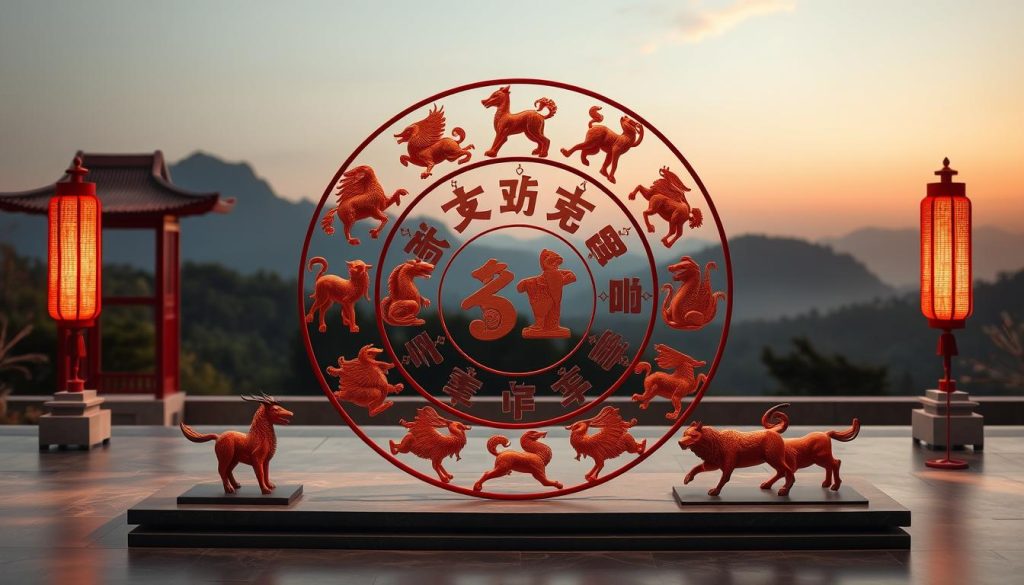 A traditional Chinese zodiac display against an elegant landscape backdrop. Intricate animal symbols representing the twelve zodiac signs are arranged in a circular pattern, each meticulously detailed with vibrant colors and textures. The composition features a serene, tranquil atmosphere, with soft lighting and a sense of timeless cultural heritage. The scene evokes a harmonious blend of ancient traditions and modern aesthetics, capturing the essence of the Chinese zodiac's enduring significance in global culture. A traditional Chinese zodiac display against an elegant landscape backdrop. Intricate animal symbols representing the twelve zodiac signs are arranged in a circular pattern, each meticulously detailed with vibrant colors and textures. The composition features a serene, tranquil atmosphere, with soft lighting and a sense of timeless cultural heritage. The scene evokes a harmonious blend of ancient traditions and modern aesthetics, capturing the essence of the Chinese zodiac's enduring significance in global culture.