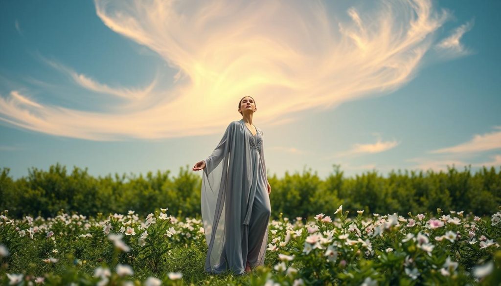 A tranquil, ethereal scene depicting the astrological sign of Libra. In the foreground, a graceful, perfectly balanced human figure adorned with a flowing, diaphanous robe in shades of soft gray, lavender, and ivory. The figure is posed in a serene, contemplative stance, their face serene and their gaze directed upward. The middle ground features a lush, verdant garden with delicate blooming flowers in pastel hues, their petals gently swaying in a light breeze. The background is dominated by a cloudless, azure sky, with wispy cirrus clouds drifting overhead, casting a warm, golden glow over the entire scene. The lighting is soft and diffuse, creating a sense of tranquility and harmony. The overall mood is one of balance, grace, and serenity, perfectly embodying the essence of the Libra zodiac sign.