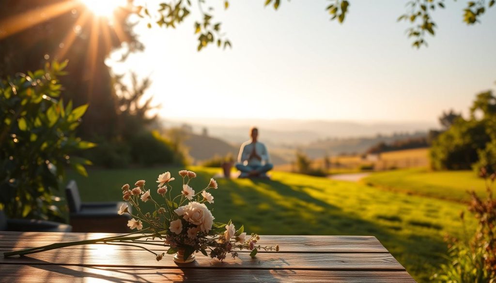A tranquil scene of a serene garden at dawn, illuminated by warm golden sunlight filtering through the lush foliage. In the foreground, a delicate floral arrangement sits atop a wooden table, casting soft shadows. In the middle ground, a contemplative figure sits cross-legged, eyes closed in meditation, surrounded by an aura of calm focus. The background features a picturesque landscape with rolling hills, a winding path, and a distant horizon bathed in the hues of an early morning sky. The overall atmosphere evokes a sense of introspection, inner harmony, and the practice of mindfulness. A tranquil scene of a serene garden at dawn, illuminated by warm golden sunlight filtering through the lush foliage. In the foreground, a delicate floral arrangement sits atop a wooden table, casting soft shadows. In the middle ground, a contemplative figure sits cross-legged, eyes closed in meditation, surrounded by an aura of calm focus. The background features a picturesque landscape with rolling hills, a winding path, and a distant horizon bathed in the hues of an early morning sky. The overall atmosphere evokes a sense of introspection, inner harmony, and the practice of mindfulness.