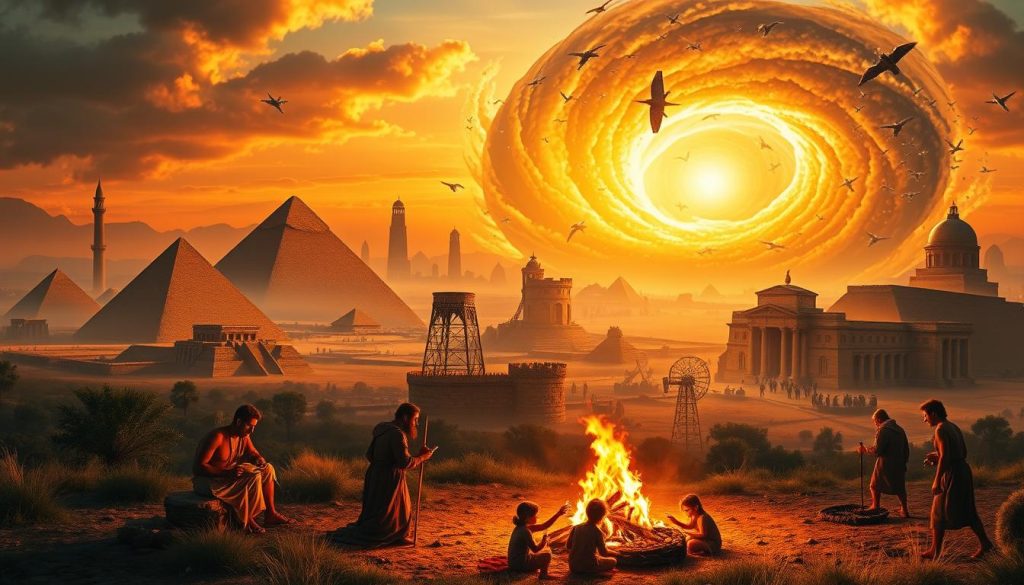 A vast panoramic landscape depicting the history of human life, bathed in warm, golden light from a setting sun. In the foreground, a family gathered around a campfire, their faces illuminated by the flickering flames as they share a meal, representing the dawn of civilization. In the middle ground, grand structures rise, from ancient pyramids to towering medieval castles, showcasing the architectural and technological advancements of bygone eras. In the distant background, a swirling, ethereal vortex of historical events unfolds, with flashes of war, exploration, and scientific discovery, creating a tapestry of humanity's tumultuous yet remarkable journey through time. The scene evokes a sense of wonder, contemplation, and reverence for the rich tapestry of our shared past.