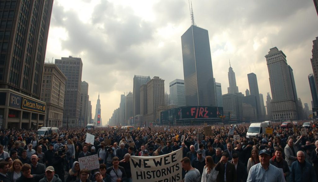 A vast, panoramic scene of a bustling city in the throes of historic events on October 26th, 2025. Towering skyscrapers reach towards an ominous, cloud-laden sky as crowds of people fill the streets, captured in a cinéma vérité style. Dramatic lighting casts long shadows, emphasizing the tension and urgency in the air. In the foreground, a group of protesters marches defiantly, holding signs and banners that hint at the unfolding political and social upheaval. The mid-ground is a kaleidoscope of activity - news crews, emergency vehicles, and anxious onlookers - all contributing to the sense of a pivotal moment in history. The background fades into a hazy, dreamlike quality, suggesting the overwhelming magnitude of the events transpiring.