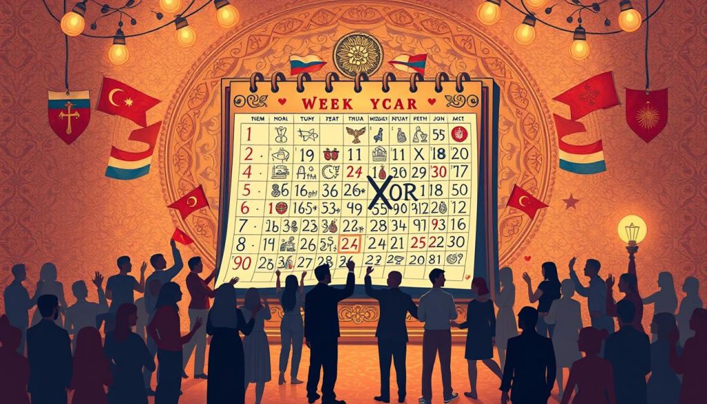A vibrant and detailed illustration of the phrase "чей год" (Whose year), capturing the essence of personal and professional milestones, international observances, and cultural traditions. Centered in the frame, a large, ornate calendar dominates the scene, its pages turning to reveal significant dates highlighted with intricate, hand-drawn icons and symbols. In the foreground, a diverse array of figures gather around the calendar, each represented by their own unique silhouette and gesture, celebrating their respective holidays, birthdays, or career achievements. The background is a rich tapestry of patterns and textures, hinting at the global scope of the subject matter, with subtle hints of national flags, religious motifs, and astrological symbols woven throughout. The overall mood is one of joyful commemoration, with warm, soft lighting illuminating the scene and conveying a sense of timelessness and tradition. A vibrant and detailed illustration of the phrase "чей год" (Whose year), capturing the essence of personal and professional milestones, international observances, and cultural traditions. Centered in the frame, a large, ornate calendar dominates the scene, its pages turning to reveal significant dates highlighted with intricate, hand-drawn icons and symbols. In the foreground, a diverse array of figures gather around the calendar, each represented by their own unique silhouette and gesture, celebrating their respective holidays, birthdays, or career achievements. The background is a rich tapestry of patterns and textures, hinting at the global scope of the subject matter, with subtle hints of national flags, religious motifs, and astrological symbols woven throughout. The overall mood is one of joyful commemoration, with warm, soft lighting illuminating the scene and conveying a sense of timelessness and tradition.