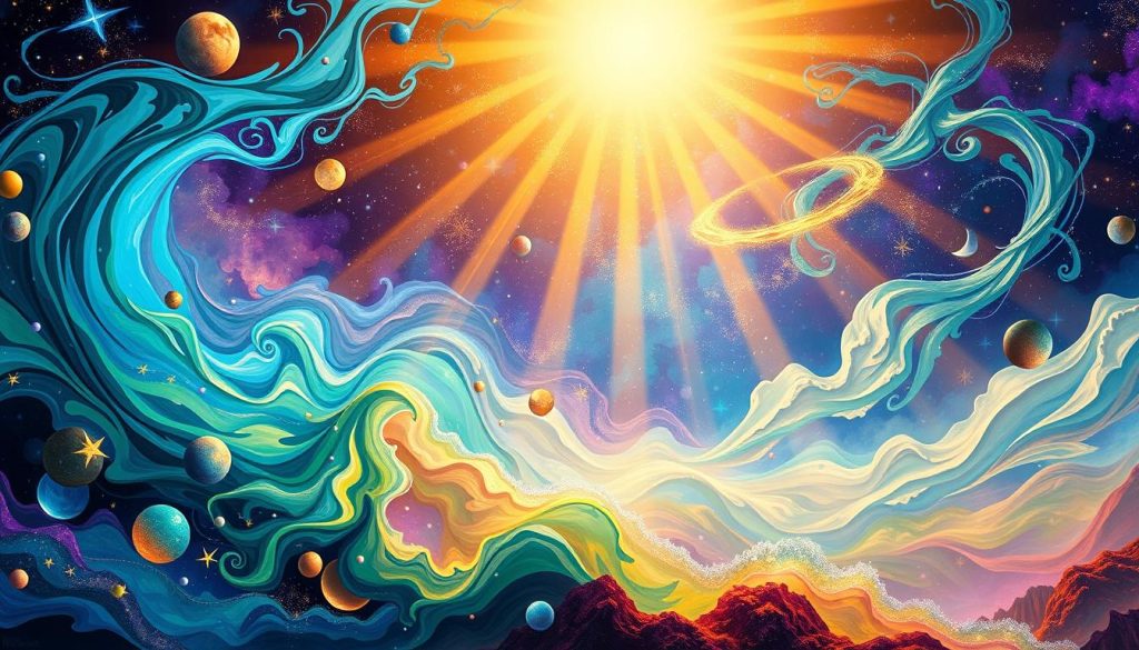 A vibrant and energetic scene depicting the essence of the day's astrological forecast. Cosmic swirls of vivid blues, greens, and purples dance across the frame, symbolizing the powerful energies and influences at play. Celestial motifs, such as stars, planets, and moons, are woven throughout the composition, creating a sense of mysticism and wonder. The foreground features abstract shapes and forms pulsing with a dynamic energy, while the background showcases a dreamlike, ethereal landscape that beckons the viewer to explore the depths of their own intuition and inner light. Warm, golden rays of light filter through, bathing the scene in a radiant, life-affirming glow. The overall mood is one of enchantment, possibility, and the transformative power of the day's cosmic energy.