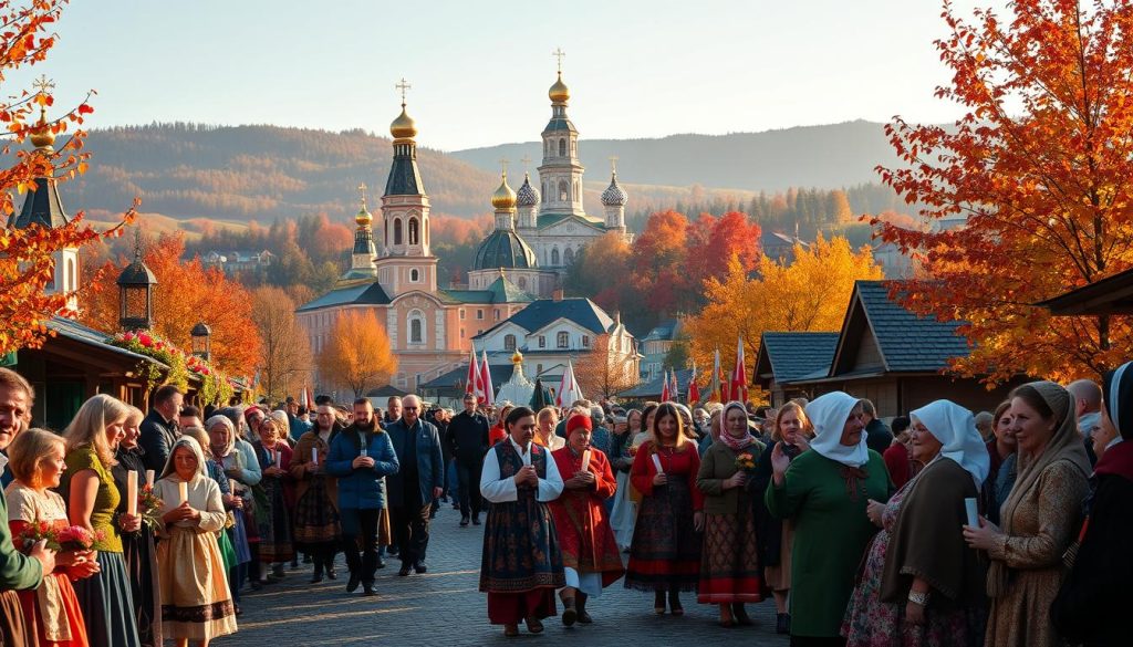 A vibrant and festive autumnal scene, depicting the traditional Orthodox Christian celebrations of October in Russia. In the foreground, a gathering of people adorned in colorful traditional attire, holding candles and flowers as they move through a cobblestone street lined with onion-domed churches. In the middle ground, a grand cathedral dominates the skyline, its golden spires reflecting the warm glow of the afternoon sun. The background features a cozy village nestled among rolling hills, with trees ablaze in shades of red, orange, and yellow. The lighting is soft and diffused, creating a serene and contemplative atmosphere, as if capturing a moment of reverence and community during these autumnal religious festivities. A vibrant and festive autumnal scene, depicting the traditional Orthodox Christian celebrations of October in Russia. In the foreground, a gathering of people adorned in colorful traditional attire, holding candles and flowers as they move through a cobblestone street lined with onion-domed churches. In the middle ground, a grand cathedral dominates the skyline, its golden spires reflecting the warm glow of the afternoon sun. The background features a cozy village nestled among rolling hills, with trees ablaze in shades of red, orange, and yellow. The lighting is soft and diffused, creating a serene and contemplative atmosphere, as if capturing a moment of reverence and community during these autumnal religious festivities.