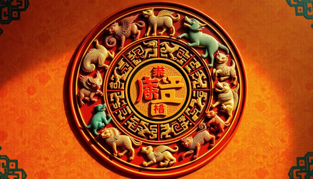 A vibrant and intricate display of the Chinese zodiac, rendered with stunning attention to detail. The 12 zodiac animals, each representing a year in the cycle, are depicted in a harmonious circular arrangement. The background features a rich, textured tapestry of traditional Chinese patterns and colors, creating a sense of ancient wisdom and cultural heritage. The lighting is soft and warm, casting a golden glow that enhances the timeless, mystical qualities of the scene. The composition is balanced and symmetrical, allowing the viewer to fully appreciate the elegant and symbolic nature of the Chinese zodiac system. A vibrant and intricate display of the Chinese zodiac, rendered with stunning attention to detail. The 12 zodiac animals, each representing a year in the cycle, are depicted in a harmonious circular arrangement. The background features a rich, textured tapestry of traditional Chinese patterns and colors, creating a sense of ancient wisdom and cultural heritage. The lighting is soft and warm, casting a golden glow that enhances the timeless, mystical qualities of the scene. The composition is balanced and symmetrical, allowing the viewer to fully appreciate the elegant and symbolic nature of the Chinese zodiac system.