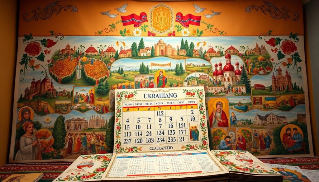 A vibrant and ornate Ukrainian calendar, showcasing a rich tapestry of national holidays, name days, and cultural celebrations. The foreground features a central calendar, its pages adorned with intricate floral patterns and traditional Ukrainian iconography. The middle ground showcases a collage of seasonal imagery, including scenes of harvest festivals, religious observances, and family gatherings. The background is a warm, earthy tone, evoking the natural landscapes and architecture of Ukraine. The lighting is soft and inviting, casting a gentle glow over the entire scene. The overall composition conveys a sense of cultural pride, heritage, and the cyclical nature of time-honored traditions. A vibrant and ornate Ukrainian calendar, showcasing a rich tapestry of national holidays, name days, and cultural celebrations. The foreground features a central calendar, its pages adorned with intricate floral patterns and traditional Ukrainian iconography. The middle ground showcases a collage of seasonal imagery, including scenes of harvest festivals, religious observances, and family gatherings. The background is a warm, earthy tone, evoking the natural landscapes and architecture of Ukraine. The lighting is soft and inviting, casting a gentle glow over the entire scene. The overall composition conveys a sense of cultural pride, heritage, and the cyclical nature of time-honored traditions.
