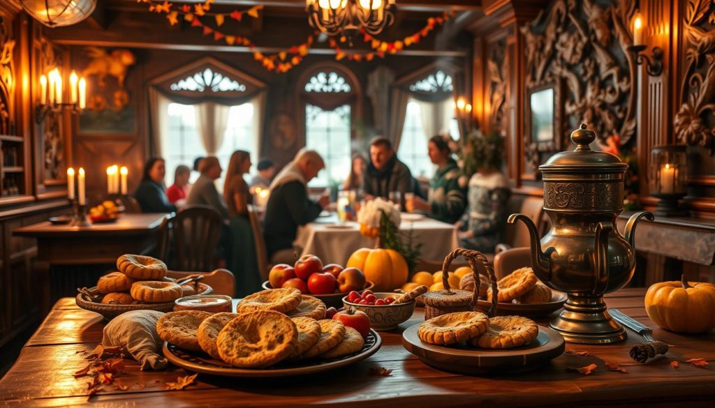 A vibrant autumnal scene depicting "Именины октября" (Name Day Celebrations in October), with a warm, cozy atmosphere. In the foreground, a rustic wooden table is adorned with an array of traditional Russian delicacies, including freshly baked bread, seasonal fruits, and a steaming samovar. In the middle ground, a group of people in traditional attire gather around the table, engaged in lively conversation and joyous celebration. The background showcases a cozy, candlelit interior, with rich, earthy tones and intricate woodcarvings on the walls, creating a sense of timeless, cultural heritage. Soft, diffused lighting illuminates the scene, evoking a sense of intimacy and comfort.
