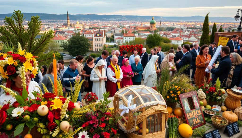 A vibrant celebration of Ukrainian and global holidays and commemorations. In the foreground, a festive display of traditional folk crafts, floral arrangements, and seasonal produce. The middle ground features people of diverse backgrounds gathered together, dressed in ceremonial attire and engaged in cultural activities. In the background, a panoramic view of a picturesque town or city, with iconic landmarks and a warm, golden-hued lighting evoking a sense of joy and togetherness. The overall atmosphere is one of reverence, community, and the rich tapestry of cultural traditions. A vibrant celebration of Ukrainian and global holidays and commemorations. In the foreground, a festive display of traditional folk crafts, floral arrangements, and seasonal produce. The middle ground features people of diverse backgrounds gathered together, dressed in ceremonial attire and engaged in cultural activities. In the background, a panoramic view of a picturesque town or city, with iconic landmarks and a warm, golden-hued lighting evoking a sense of joy and togetherness. The overall atmosphere is one of reverence, community, and the rich tapestry of cultural traditions.